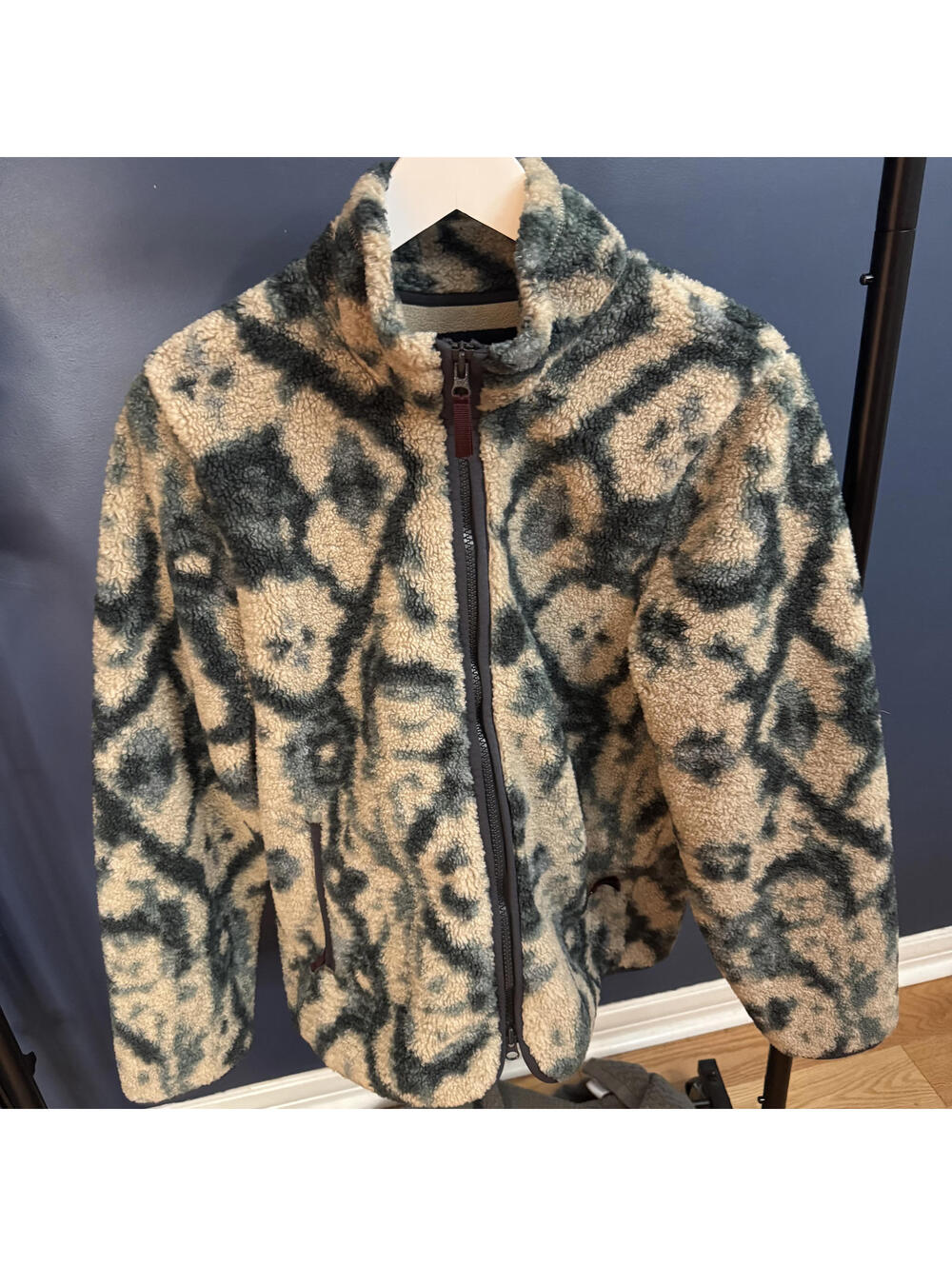 Abercrombie & Fitch Pattern Sherpa Jacket Green/Tan Ikat Print Mens Small